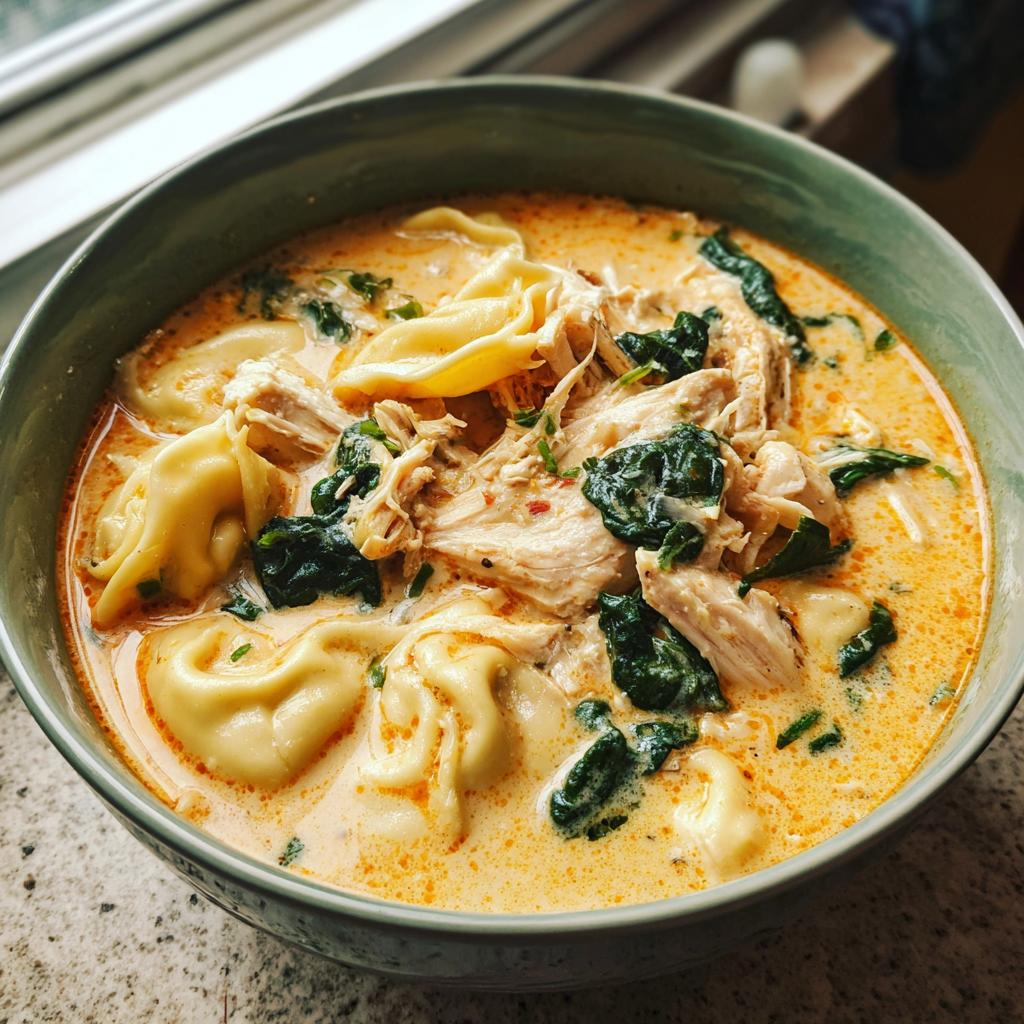 A close-up of a bowl of creamy chicken tortellini soup, featuring shredded chicken, spinach, and pasta.