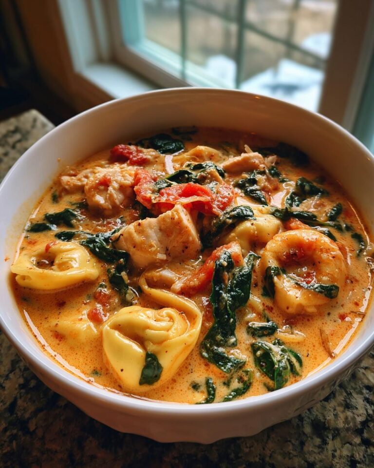 A close-up of a white bowl filled with creamy chicken tortellini soup, featuring tortellini, chicken pieces, spinach, and tomatoes.