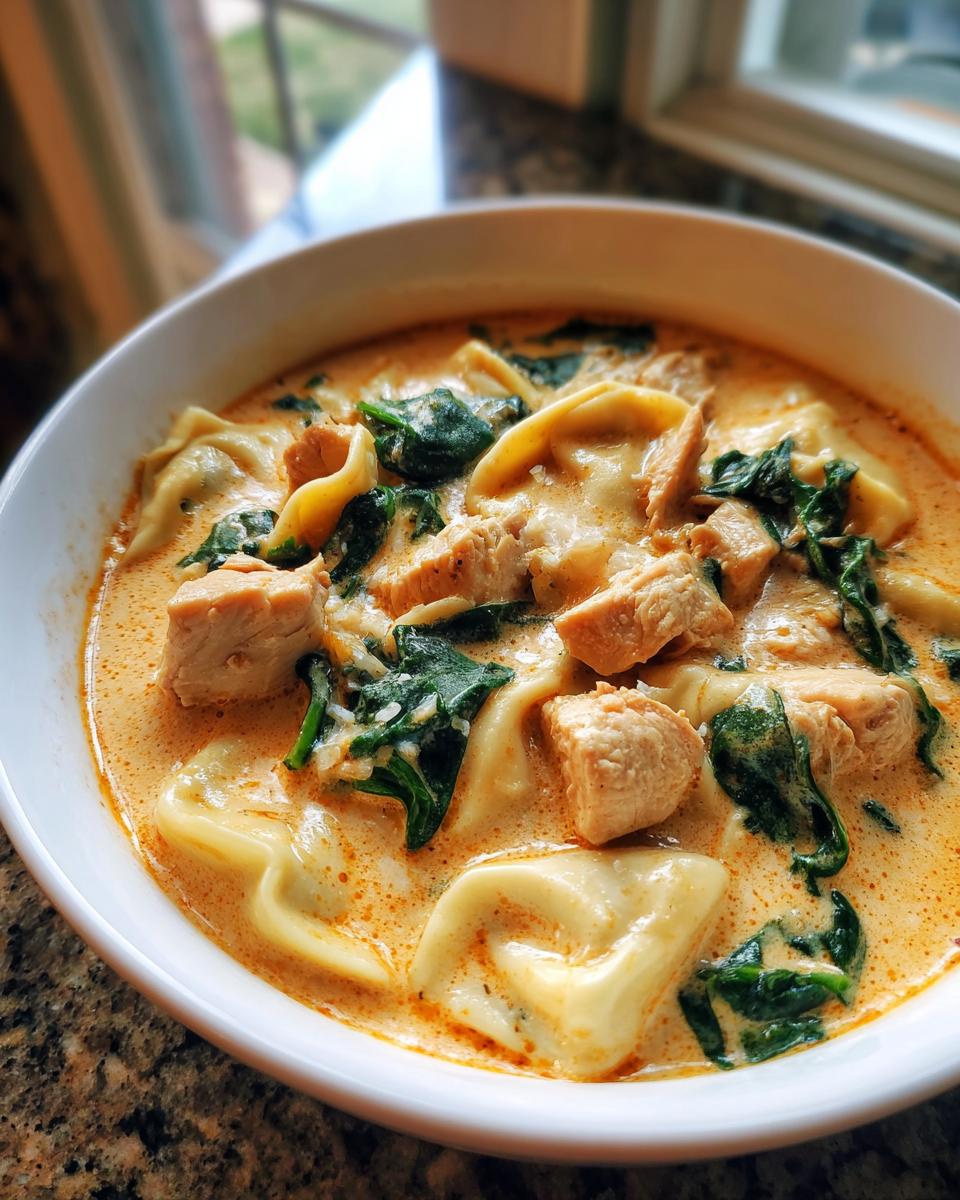 Close-up of a white bowl filled with creamy chicken tortellini soup, featuring chunks of chicken and wilted spinach.