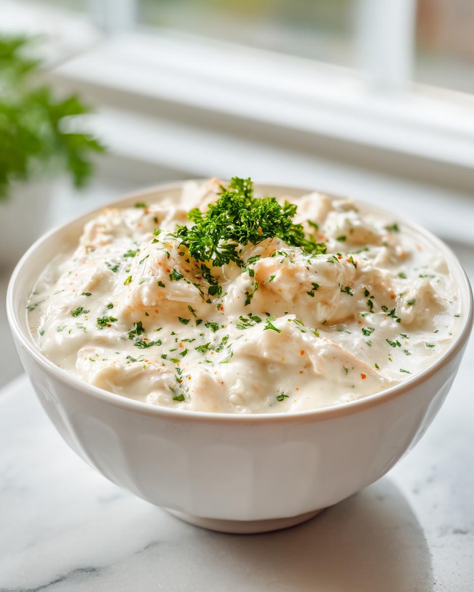 A white bowl filled with thick, creamy crab soup, garnished with fresh parsley.