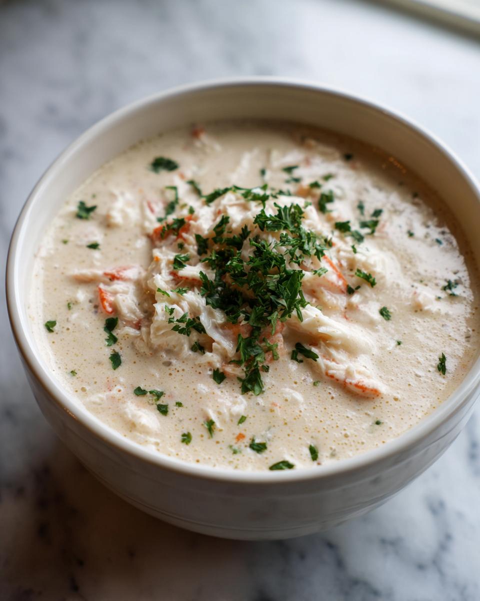 A close-up of a creamy bowl of amazing crab soup, heavily topped with shredded crab meat and fresh parsley.