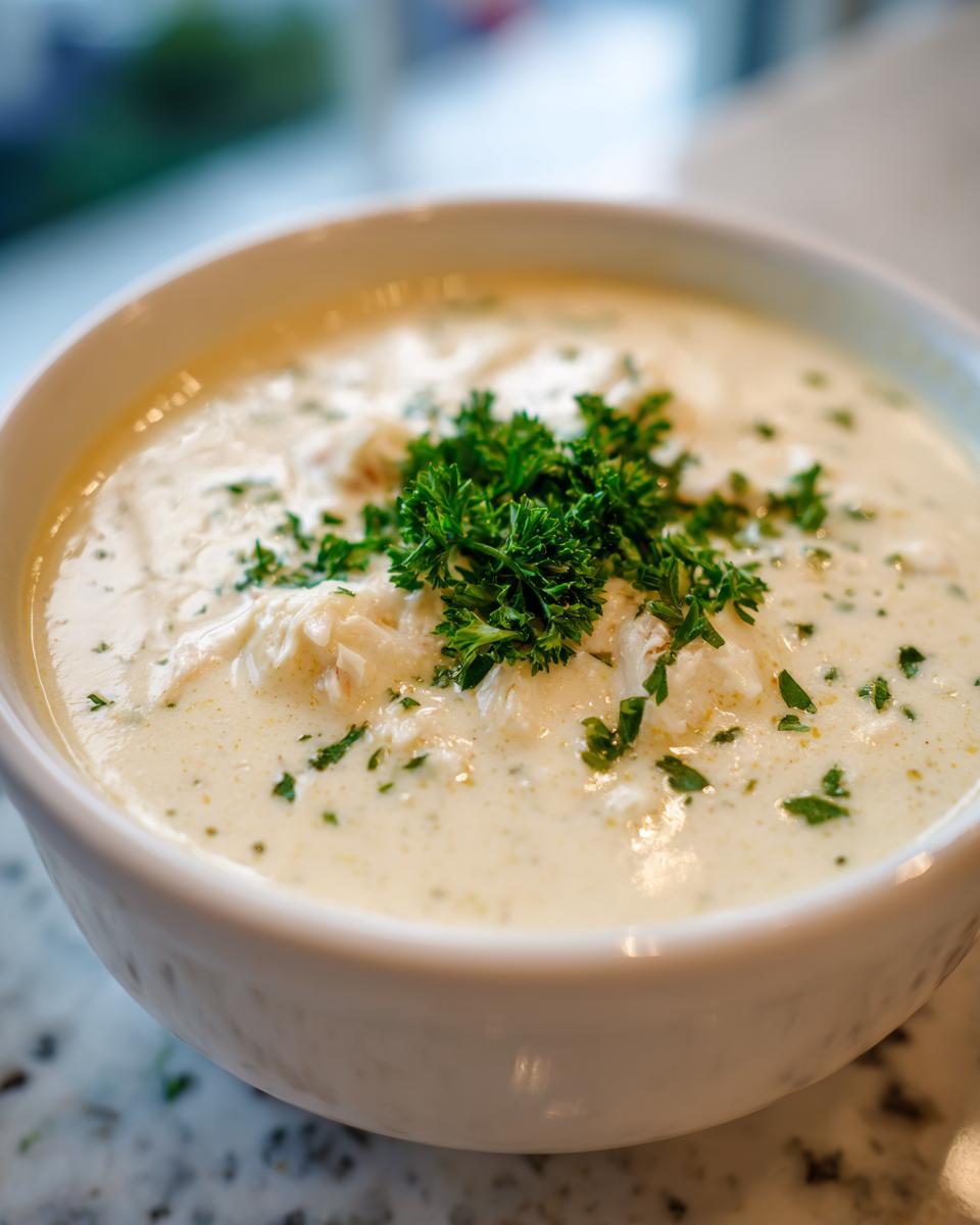 Close-up of a bowl of creamy crab soup, topped with shredded crab meat and fresh parsley.