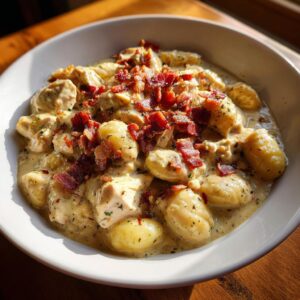 A close-up of creamy crack chicken gnocchi topped generously with crispy bacon crumbles in a white bowl.