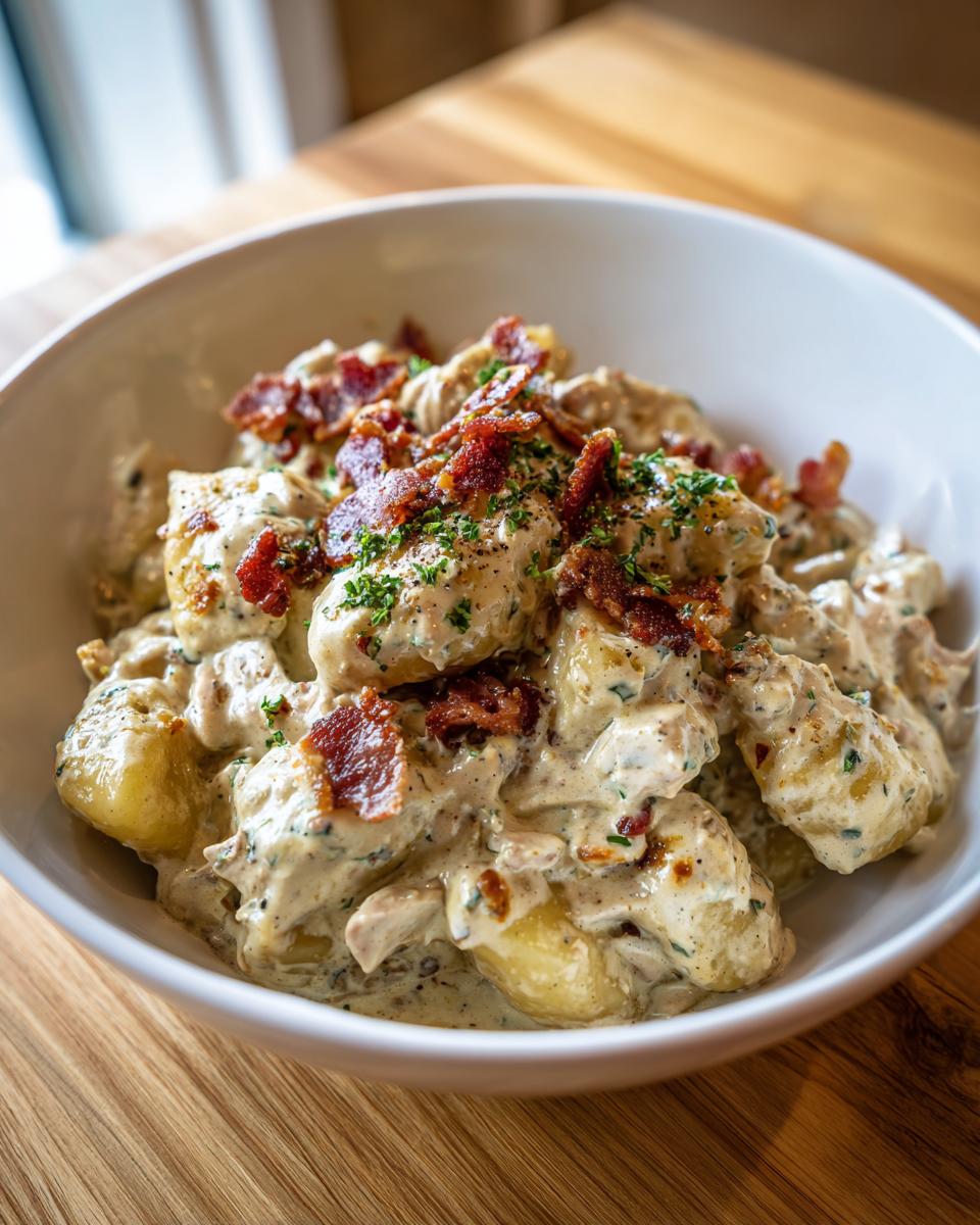 A close-up of creamy crack chicken gnocchi coated in a rich sauce and topped with crispy bacon bits and parsley.