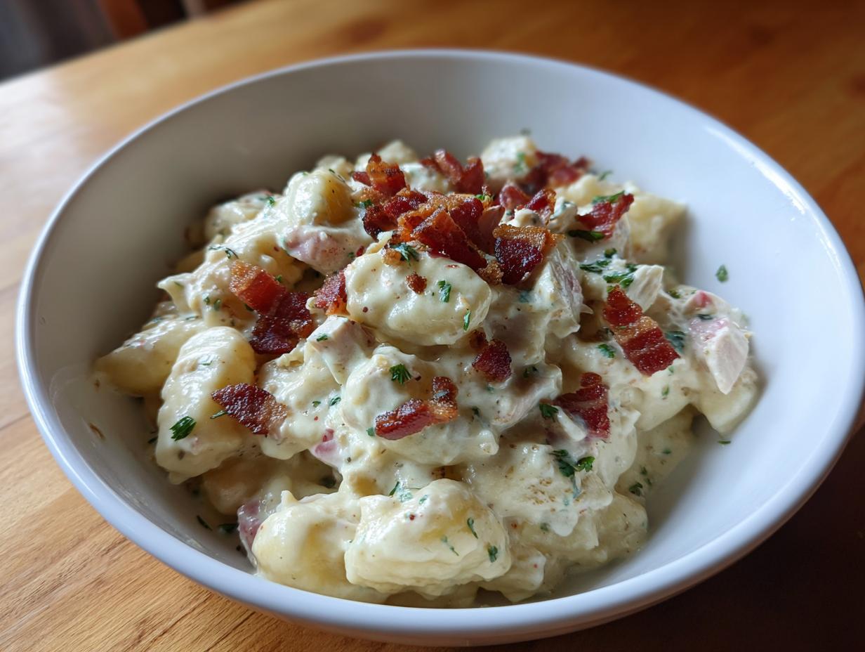 A white bowl filled with creamy crack chicken gnocchi topped generously with crispy bacon bits and fresh parsley.