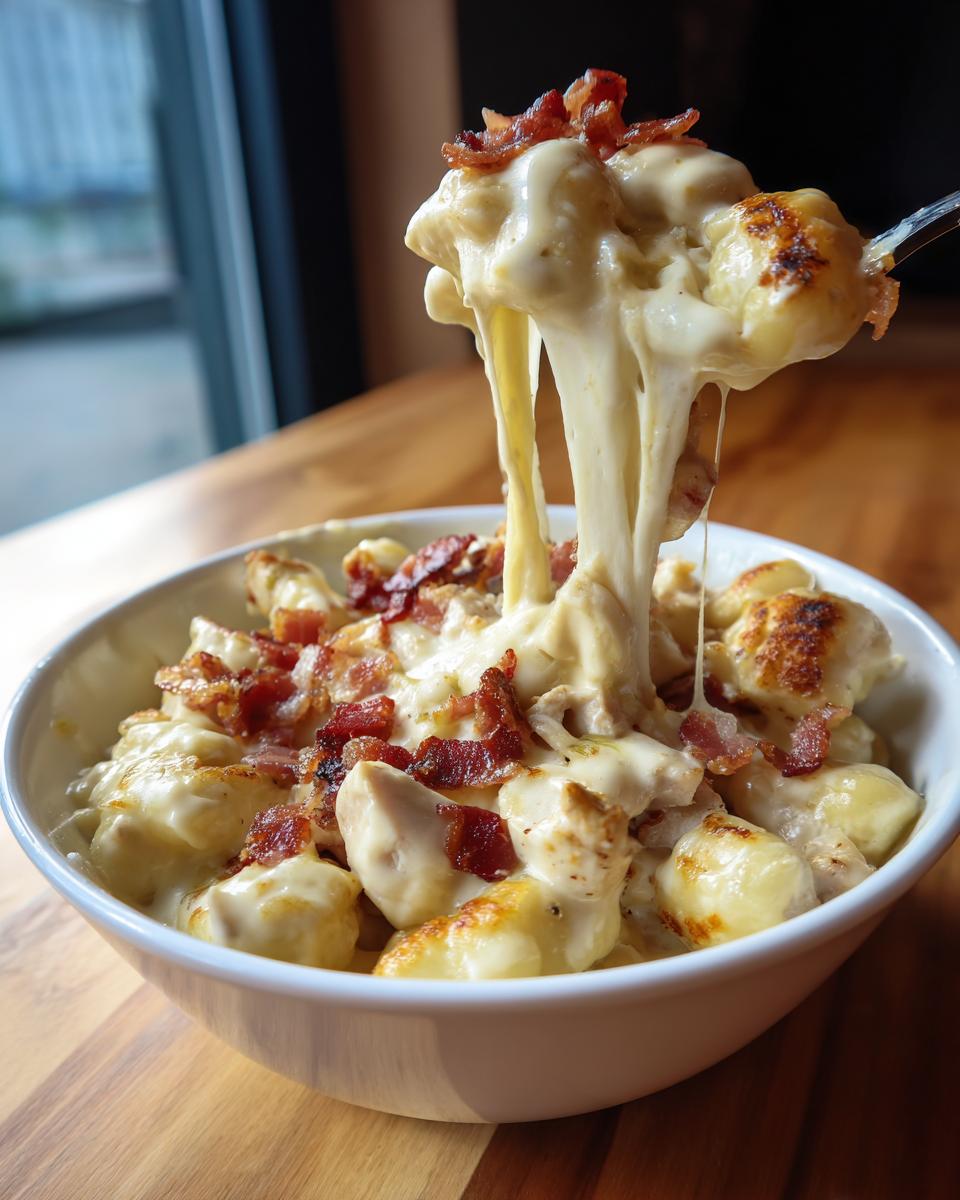 A fork lifting a portion of creamy crack chicken gnocchi, showing a dramatic cheese pull, topped with bacon.