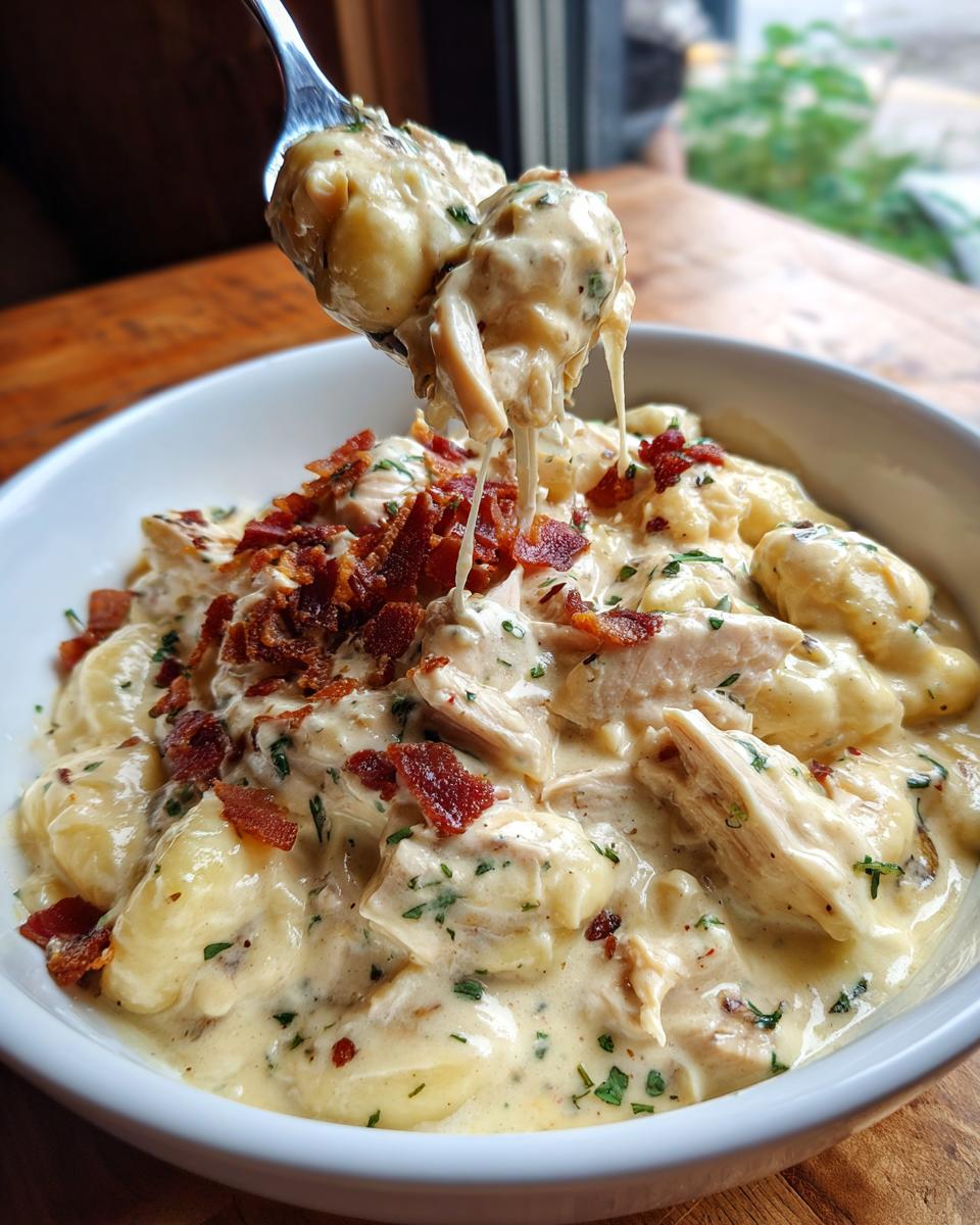 A spoonful of creamy crack chicken gnocchi being lifted from a white bowl, showing melted cheese strings.