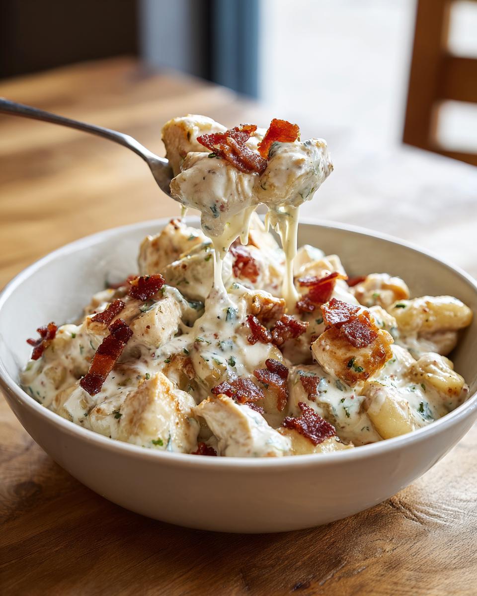 A spoonful of creamy crack chicken gnocchi dripping with cheese sauce, topped with bacon bits.