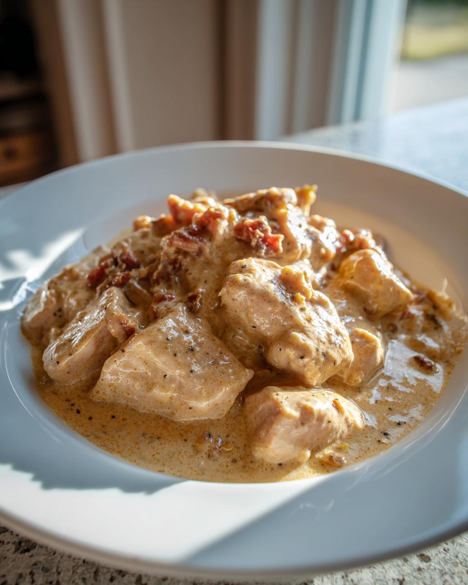 A white bowl filled with tender pieces of crockpot marry me chicken coated in a rich, creamy sauce with visible sun-dried tomatoes.