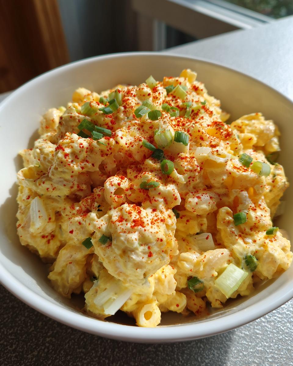 A close-up of creamy deviled egg pasta salad topped with paprika and chopped green onions in a white bowl.