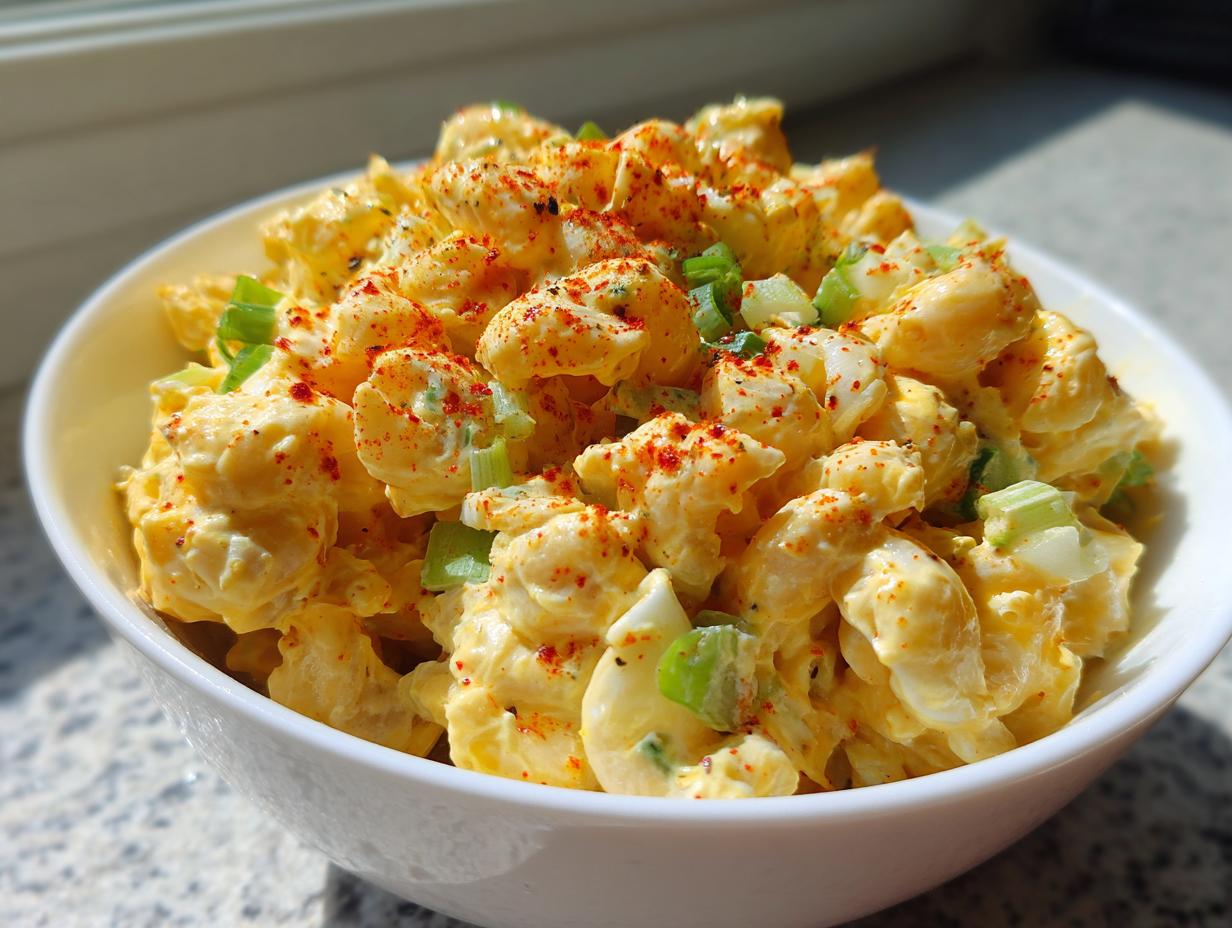 Close-up of creamy deviled egg pasta salad, topped with paprika and green onions, served in a white bowl.