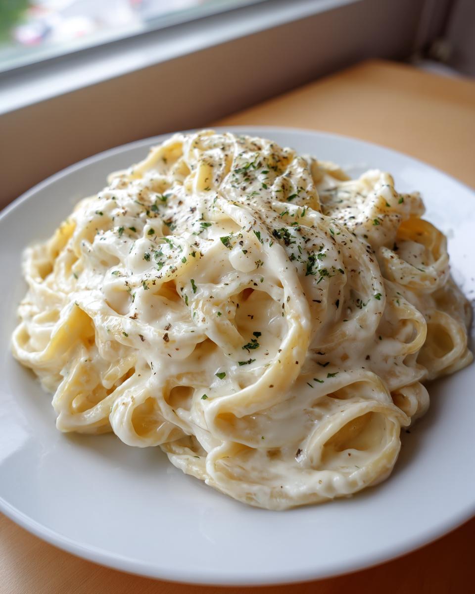 A plate of fettuccine pasta generously coated in creamy Olive Garden Alfredo Sauce and sprinkled with herbs.