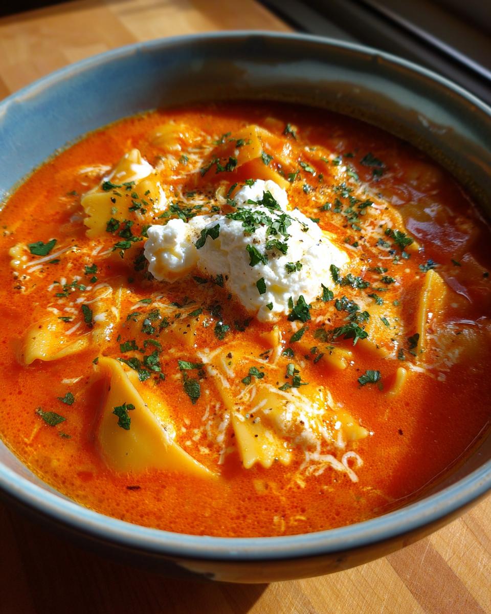 Close-up of a bowl of vibrant orange creamy lasagna soup featuring pasta, topped with a dollop of ricotta cheese and fresh parsley.