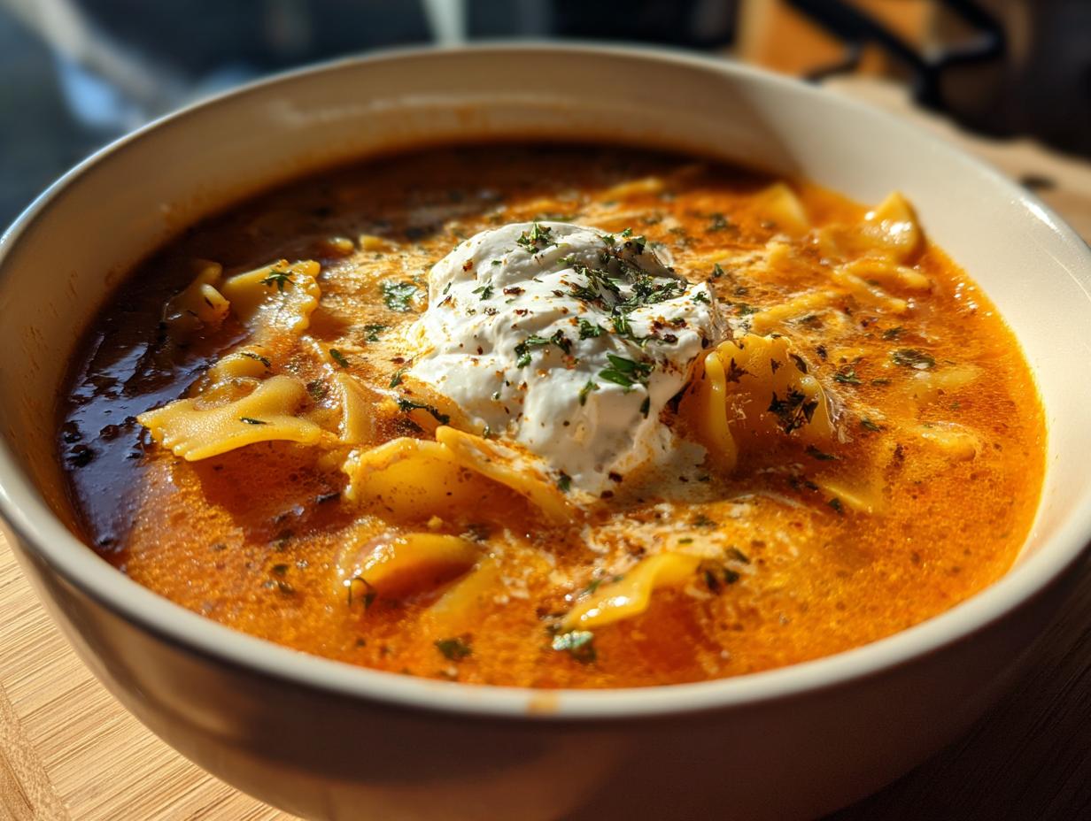 Close-up of a bowl of rich, orange-red creamy lasagna soup featuring bowtie pasta and topped with a dollop of ricotta cheese and herbs.