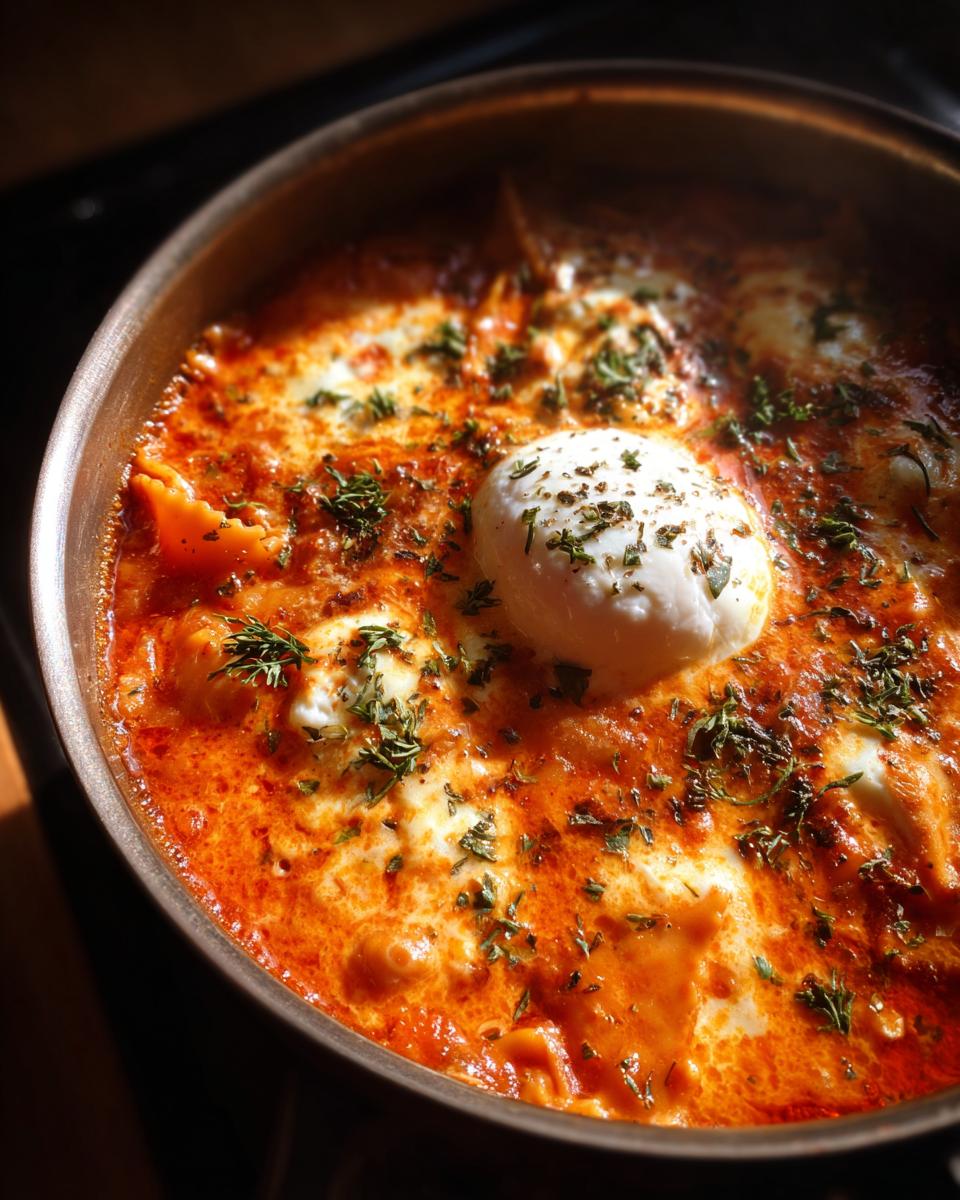 Close-up of a rich, orange-red creamy lasagna soup topped with a poached egg and dried herbs in a metal skillet.