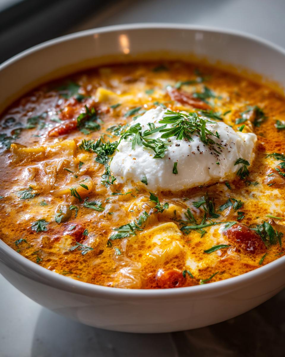Close-up of a rich, orange-hued creamy lasagna soup topped with a dollop of ricotta and fresh herbs.