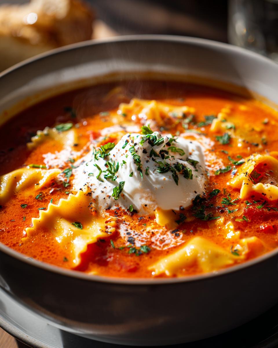 Close-up of a hot bowl of creamy lasagna soup featuring ruffled pasta, rich tomato broth, and a dollop of ricotta cheese.