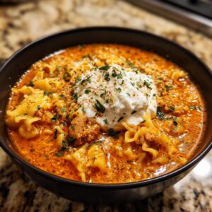 A close-up of a bowl of creamy lasagna soup featuring pasta, meat sauce, and a large dollop of ricotta cheese.