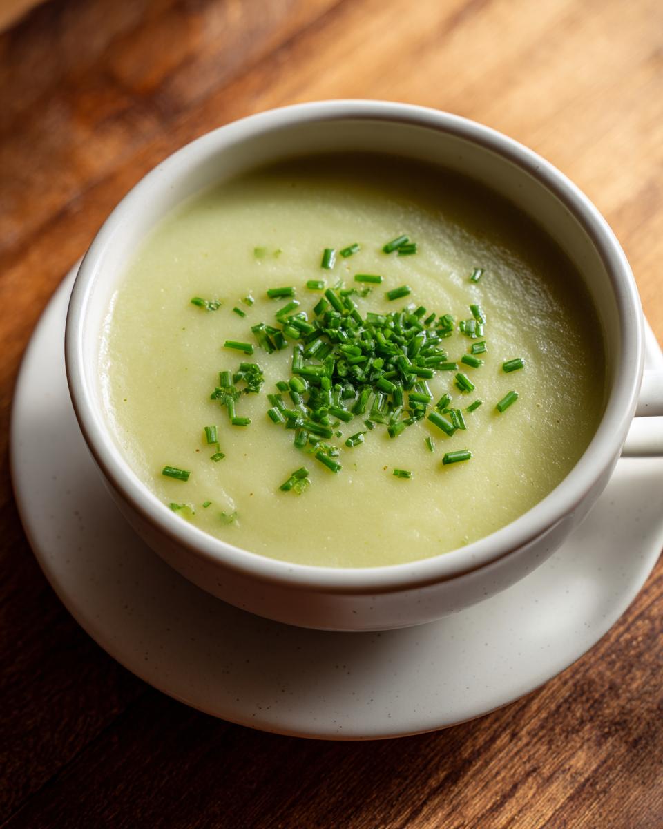 A close-up of a bowl of creamy, pale green leek soup garnished generously with chopped fresh chives.