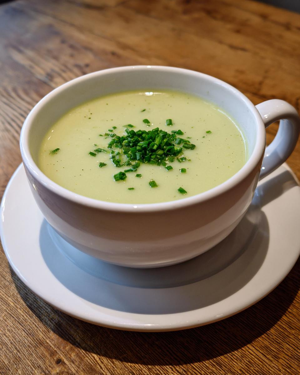 A creamy bowl of light green leek soup topped with finely chopped chives, served on a white saucer.