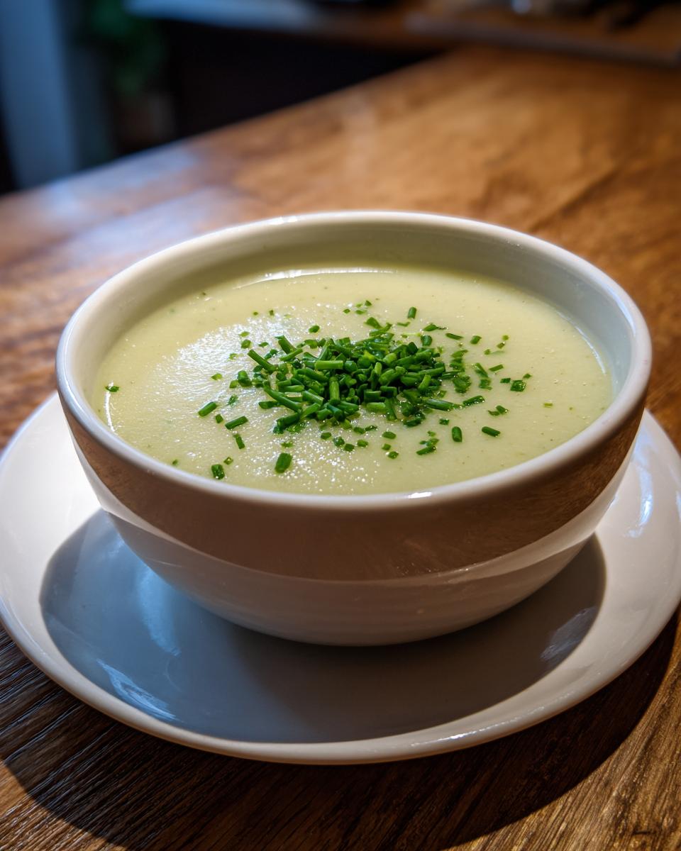 A bowl of creamy, pale green leek soup topped generously with chopped fresh chives.