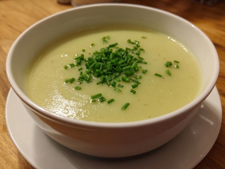 Close-up of a bowl of creamy, light green leek soup topped with finely chopped fresh chives.