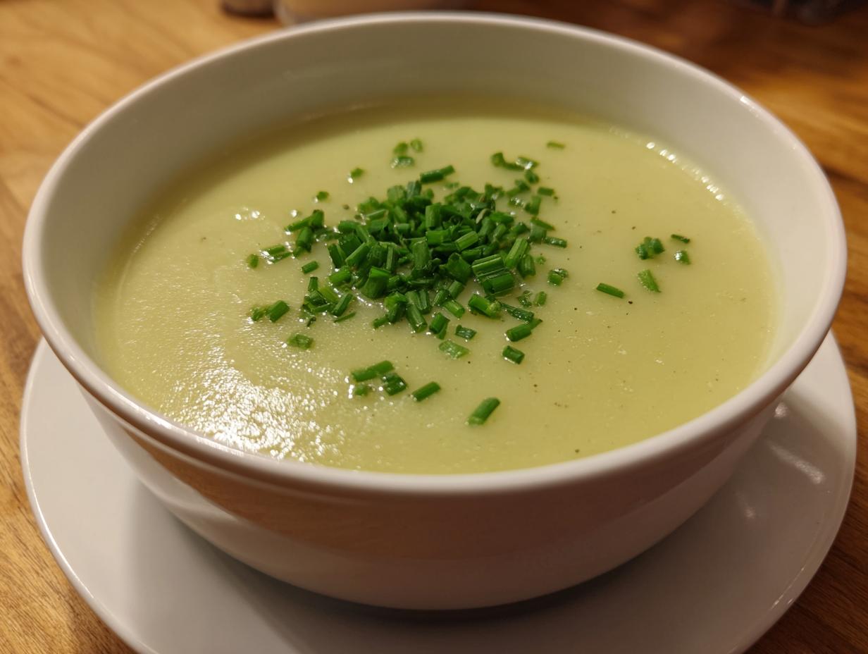 Close-up of a bowl of creamy, light green leek soup topped with finely chopped fresh chives.