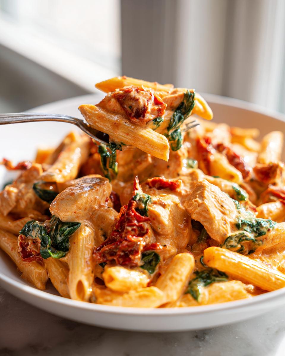A fork lifting a bite of creamy Marry Me Chicken Pasta featuring penne, chicken, spinach, and sun-dried tomatoes.