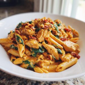 A close-up of a white bowl filled with creamy Marry Me Chicken Pasta, featuring penne, chicken pieces, spinach, and sun-dried tomatoes.