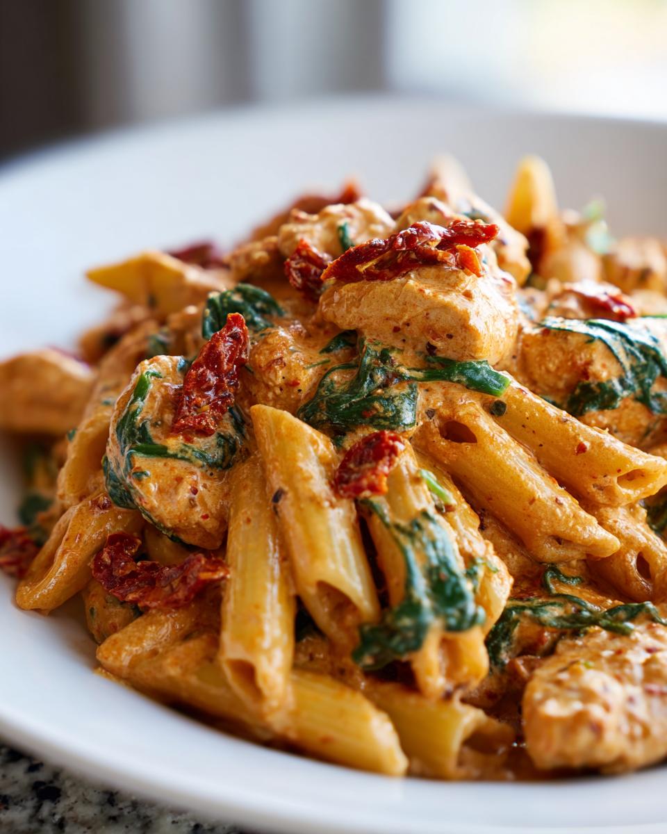 Close-up of creamy Marry Me Chicken Pasta featuring penne, chicken chunks, spinach, and sun-dried tomatoes.