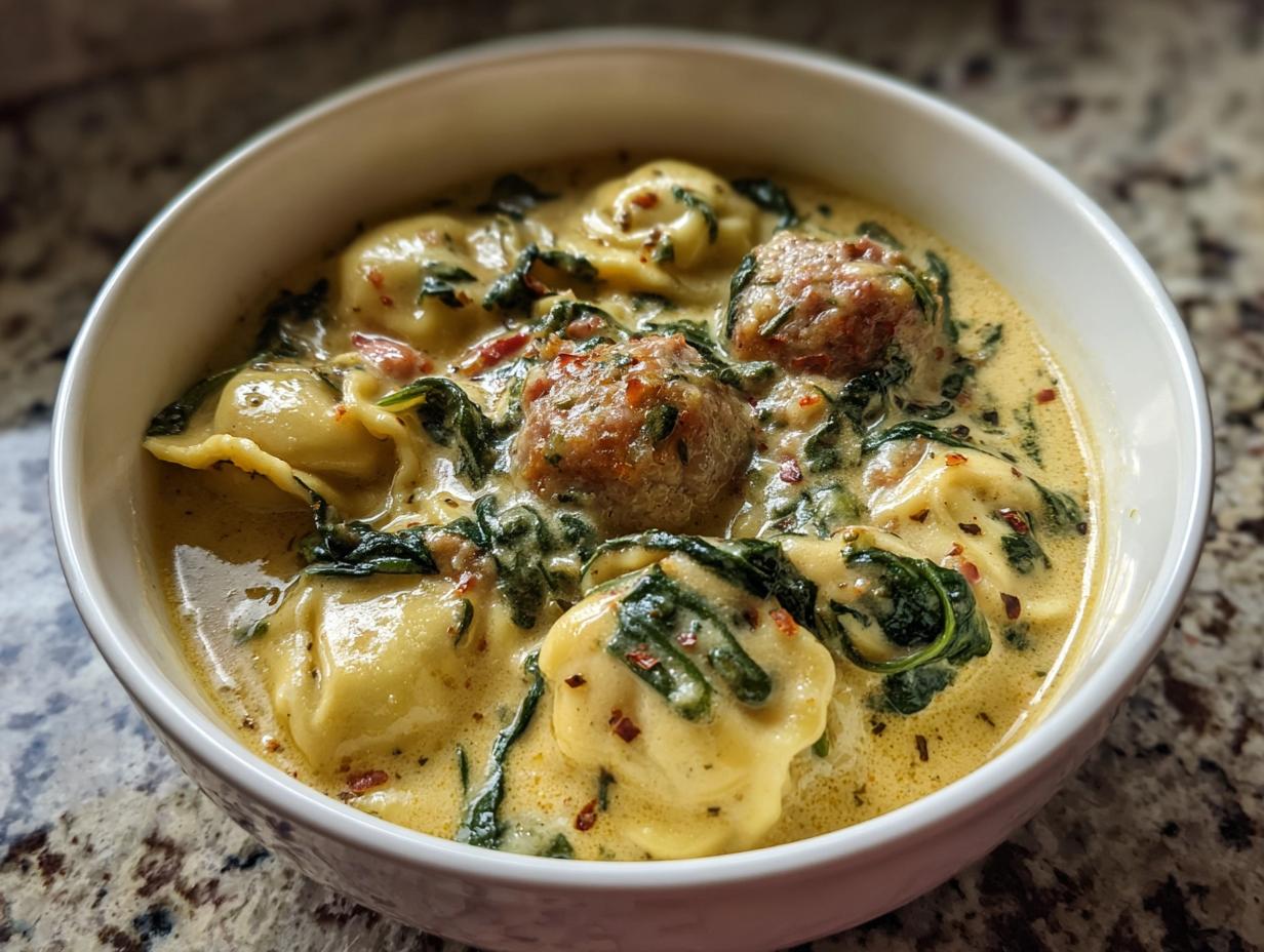 Close-up of a bowl of creamy ravioli soup featuring tortellini, meatballs, and wilted spinach, sprinkled with red pepper flakes.