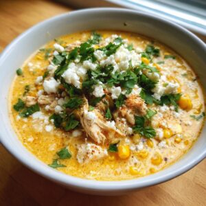 A close-up of creamy Mexican street corn soup featuring shredded chicken, corn kernels, and a generous topping of cotija cheese and cilantro.