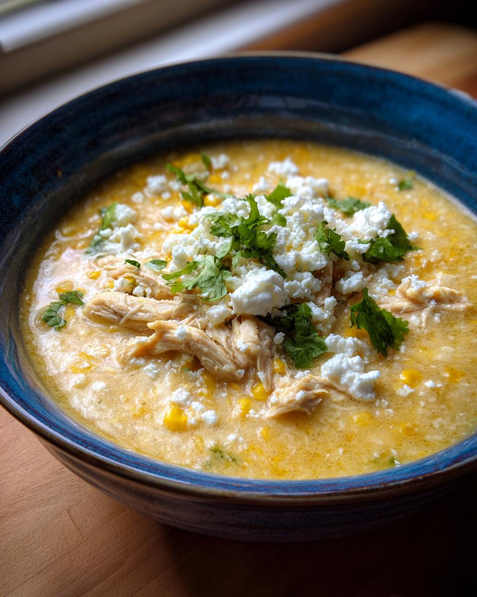 Close-up of a bowl of creamy Mexican street corn soup topped with shredded chicken, cotija cheese, and fresh cilantro.