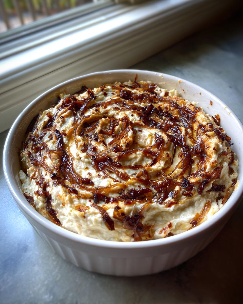 Close-up of a white bowl filled with creamy onion dip, swirled and topped generously with caramelized onions.