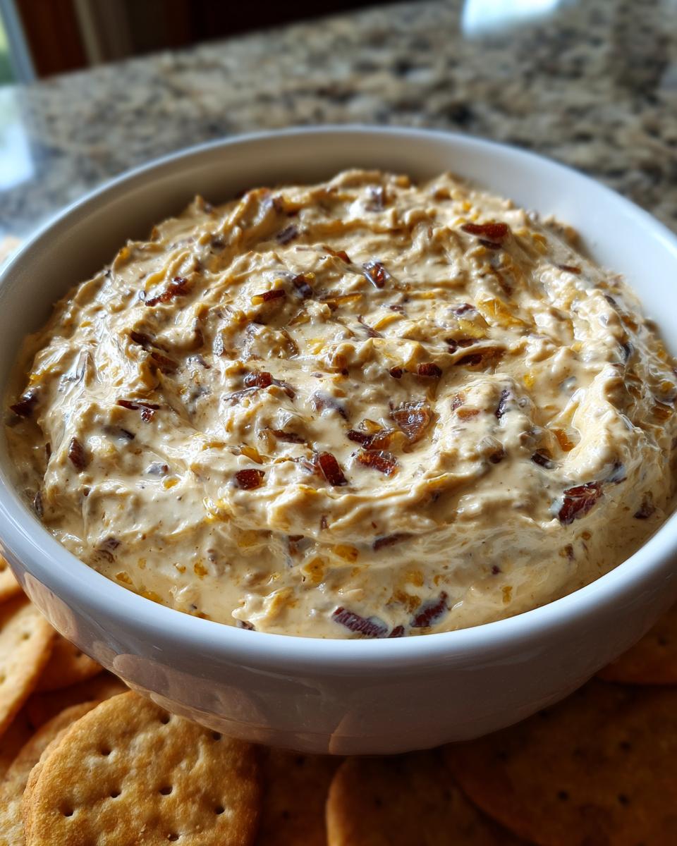 Close-up of a creamy, savory onion dip topped with caramelized onions, served in a white bowl surrounded by crackers.