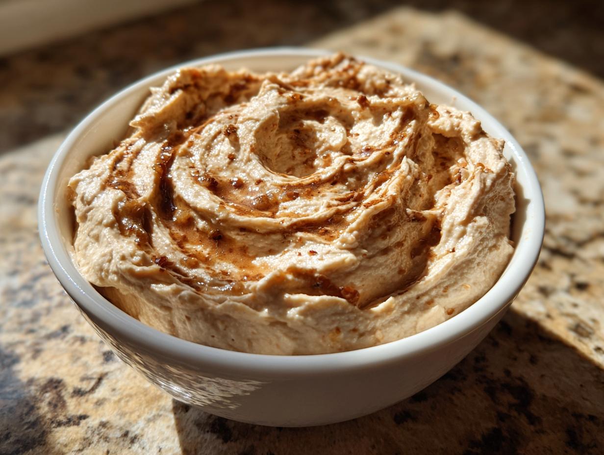 Close-up of creamy, light brown onion dip swirled in a white bowl, drizzled with caramelized onion bits.