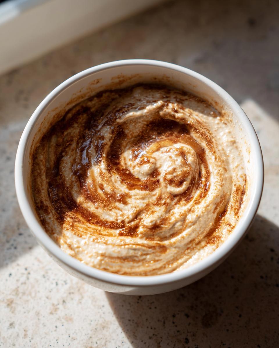 Close-up of a creamy onion dip topped with a swirl of brown seasoning, likely caramelized onion powder.