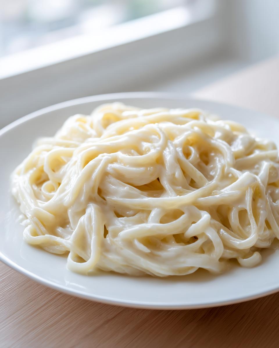 Close-up of fettuccine pasta generously coated in creamy Olive Garden Alfredo sauce on a white plate.