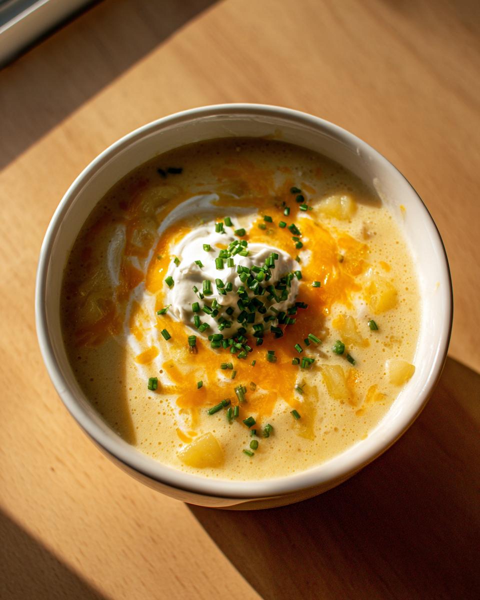 Overhead view of a bowl of creamy potato cheese soup topped with sour cream, shredded cheddar, and fresh chives.