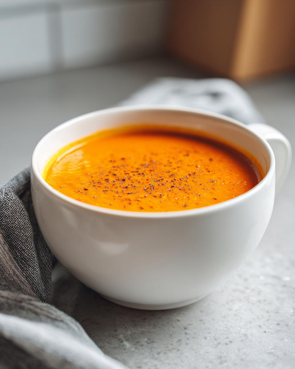 Close-up of a white mug filled with vibrant orange, creamy pumpkin soup, topped with cracked black pepper.