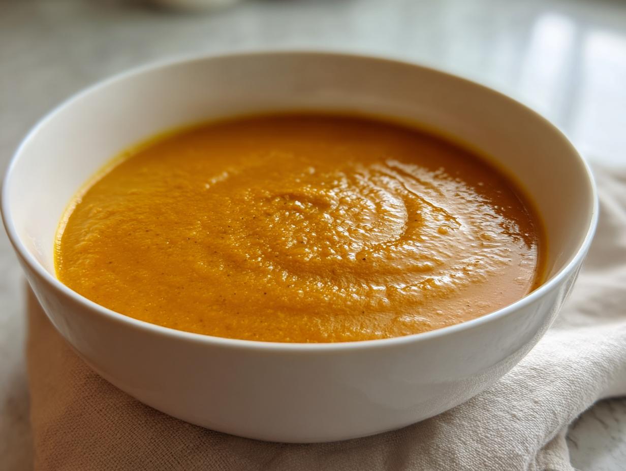 Close-up of a white bowl filled with rich, creamy orange pumpkin soup, resting on a linen napkin.
