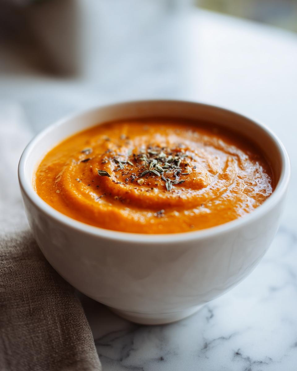 A close-up of a bowl of creamy pumpkin soup, topped with dried herbs and pepper.