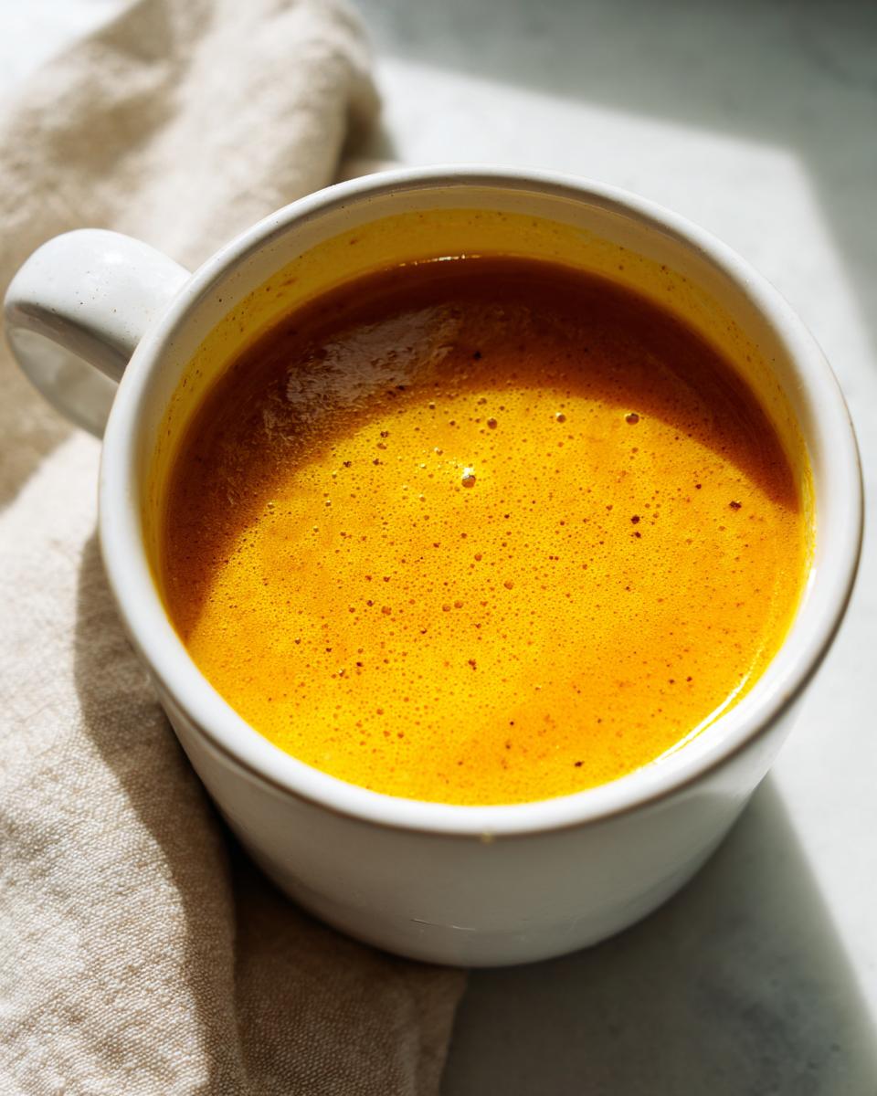 Close-up of creamy, bright orange pumpkin soup served hot in a white mug.