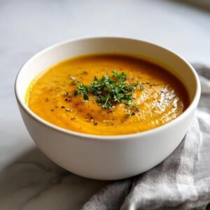 Close-up of a bowl of creamy orange pumpkin soup, garnished with fresh thyme and cracked black pepper.