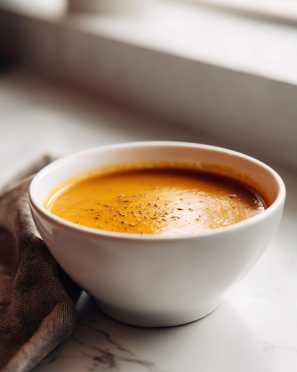 Close-up of a bowl of creamy orange pumpkin soup topped with cracked black pepper.