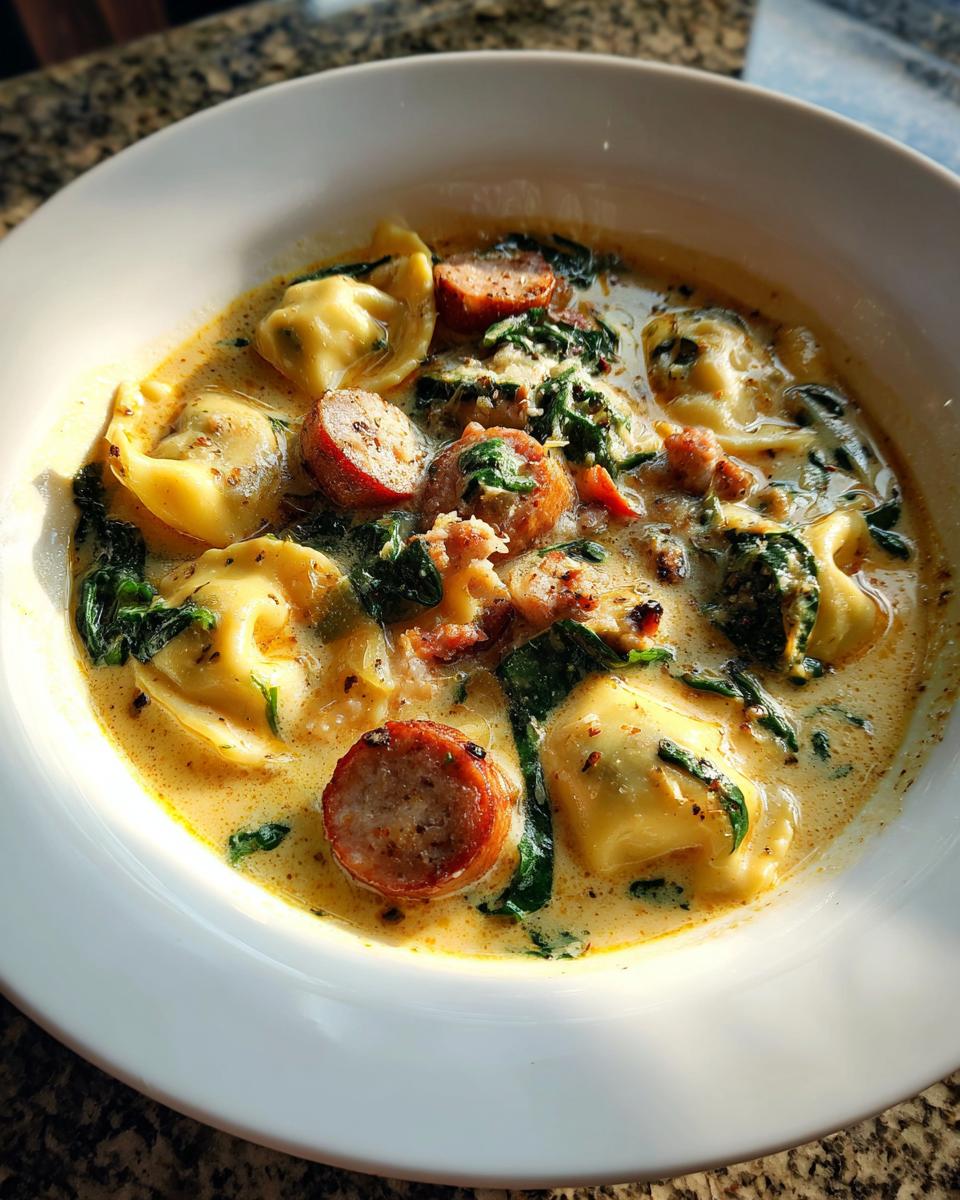Close-up of a hearty bowl of creamy ravioli soup with sliced sausage and wilted spinach.