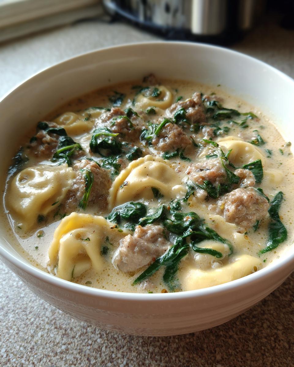 Close-up of a bowl of creamy ravioli soup featuring tortellini, sausage meatballs, and wilted spinach.