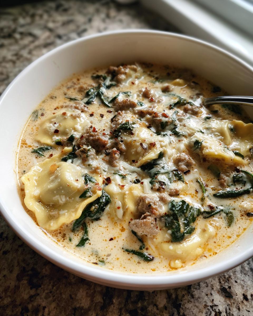 Close-up of a white bowl filled with creamy ravioli soup, featuring large ravioli, crumbled sausage, and wilted spinach.