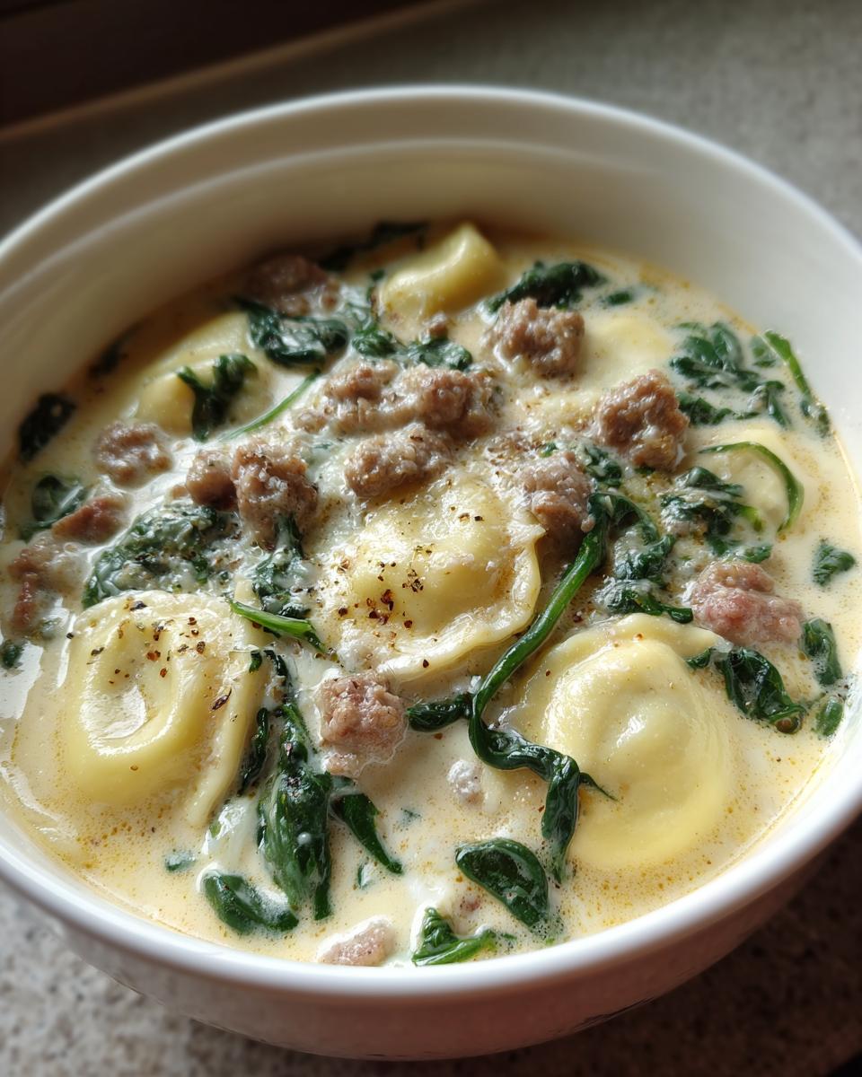 Close-up of a bowl of creamy ravioli soup featuring cheese ravioli, crumbled sausage, and wilted spinach, seasoned with pepper.