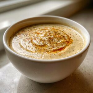 A close-up of a creamy bowl of roasted cauliflower soup, swirled with oil and sprinkled with pepper and paprika.